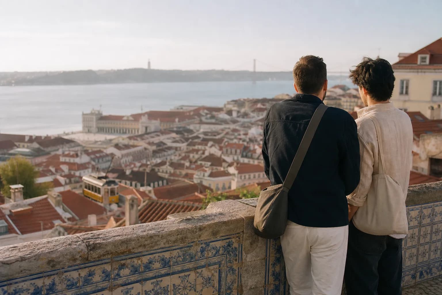 Zwei Menschen blicken von einer gefliesten Aussichtsmauer über eine Stadt