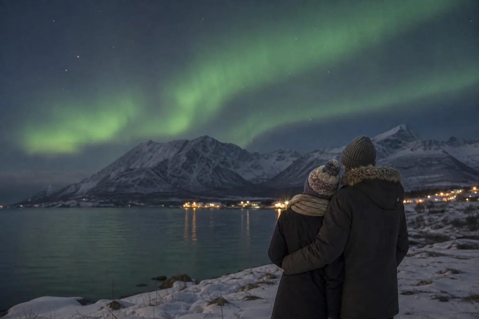 Zwei Menschen sehen Polarlichter über einer verschneiten Bucht