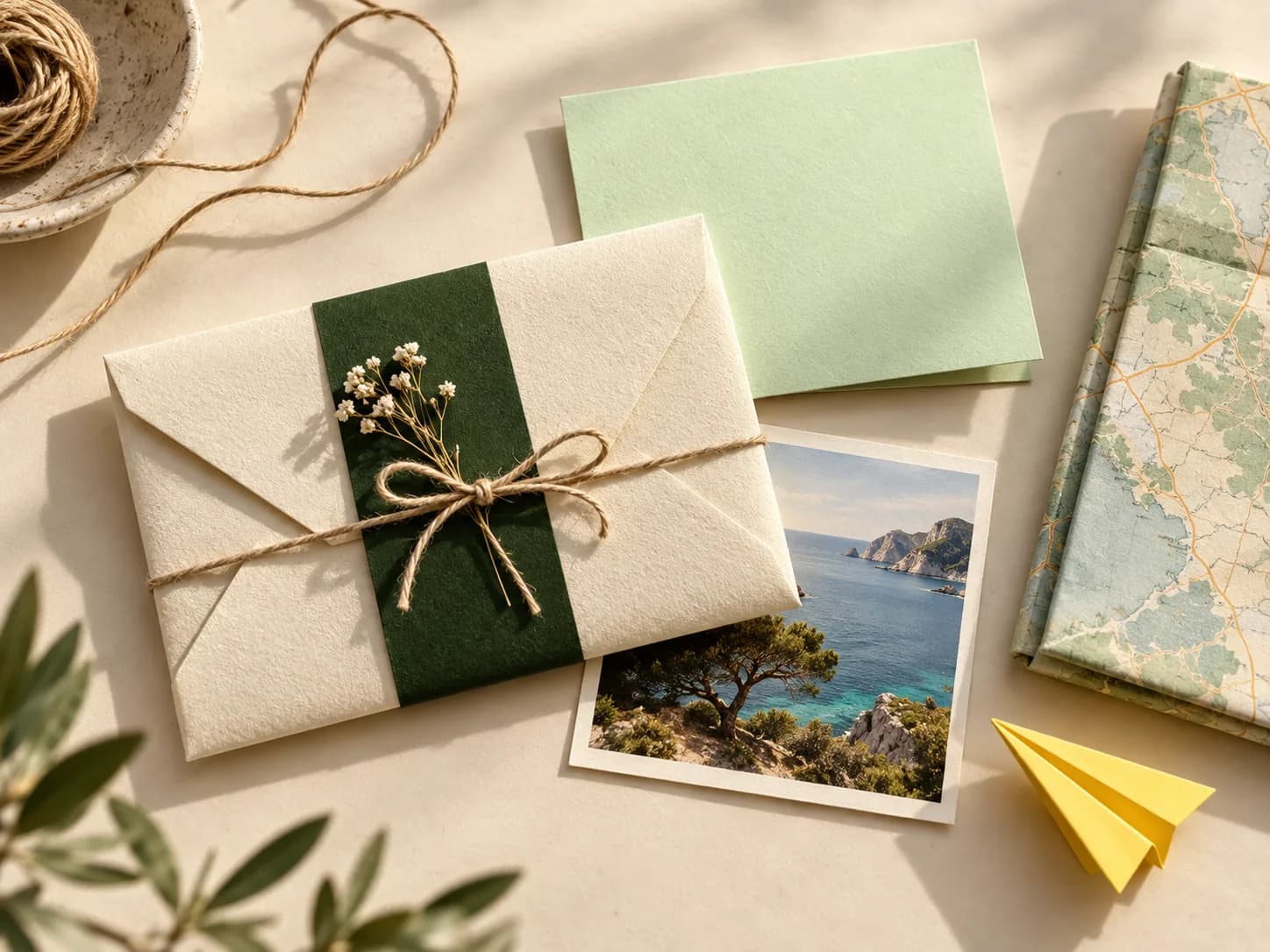 Illustrative Geschenkszene mit cremefarbenem Umschlag, grüner Karte, Küstenfoto und Papierflugzeug