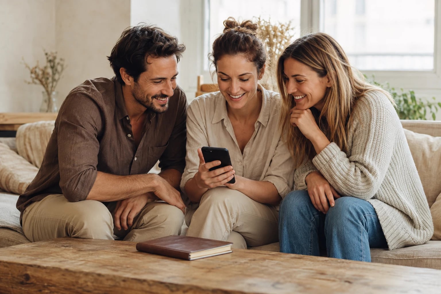 Drei Menschen sitzen auf einem Sofa und schauen gemeinsam auf ein Smartphone