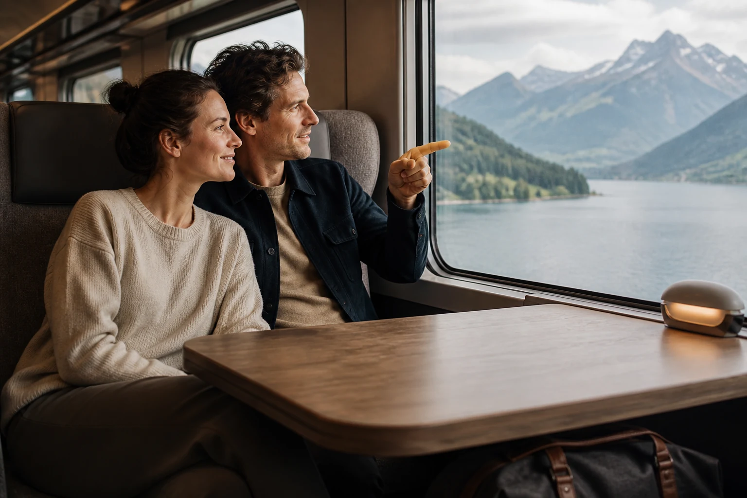 Zwei Menschen schauen aus einem Zugfenster auf einen See und Berge