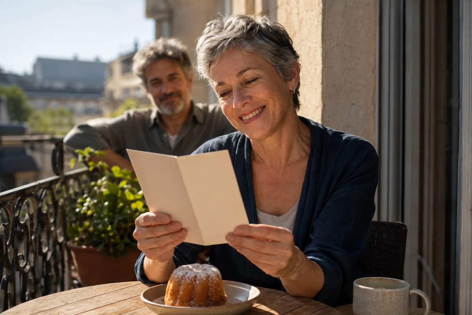 Eine lächelnde Person liest eine Karte an einem Frühstückstisch auf dem Balkon