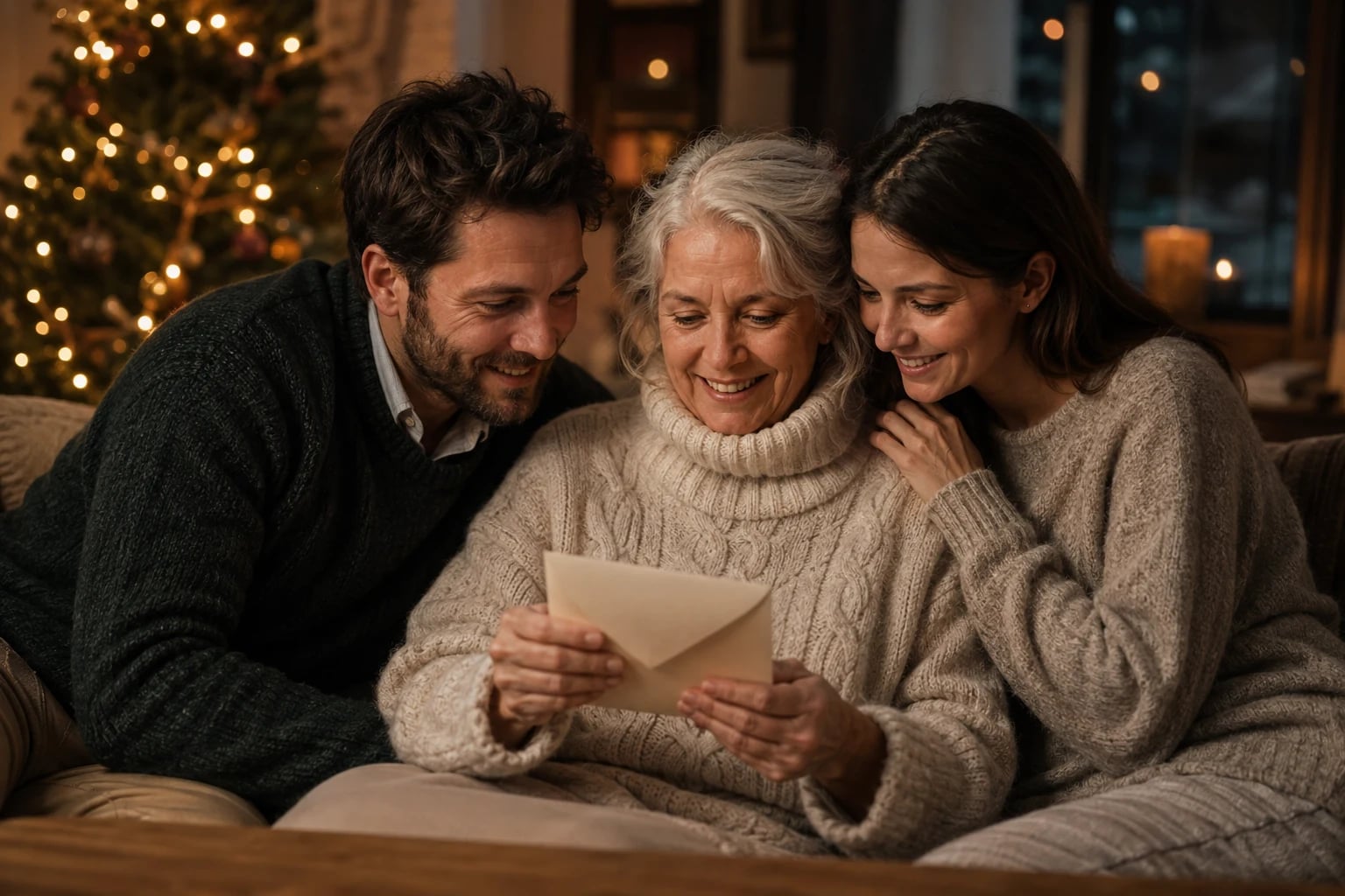 Drei Menschen schauen gemeinsam in einen Umschlag vor einem beleuchteten Weihnachtsbaum