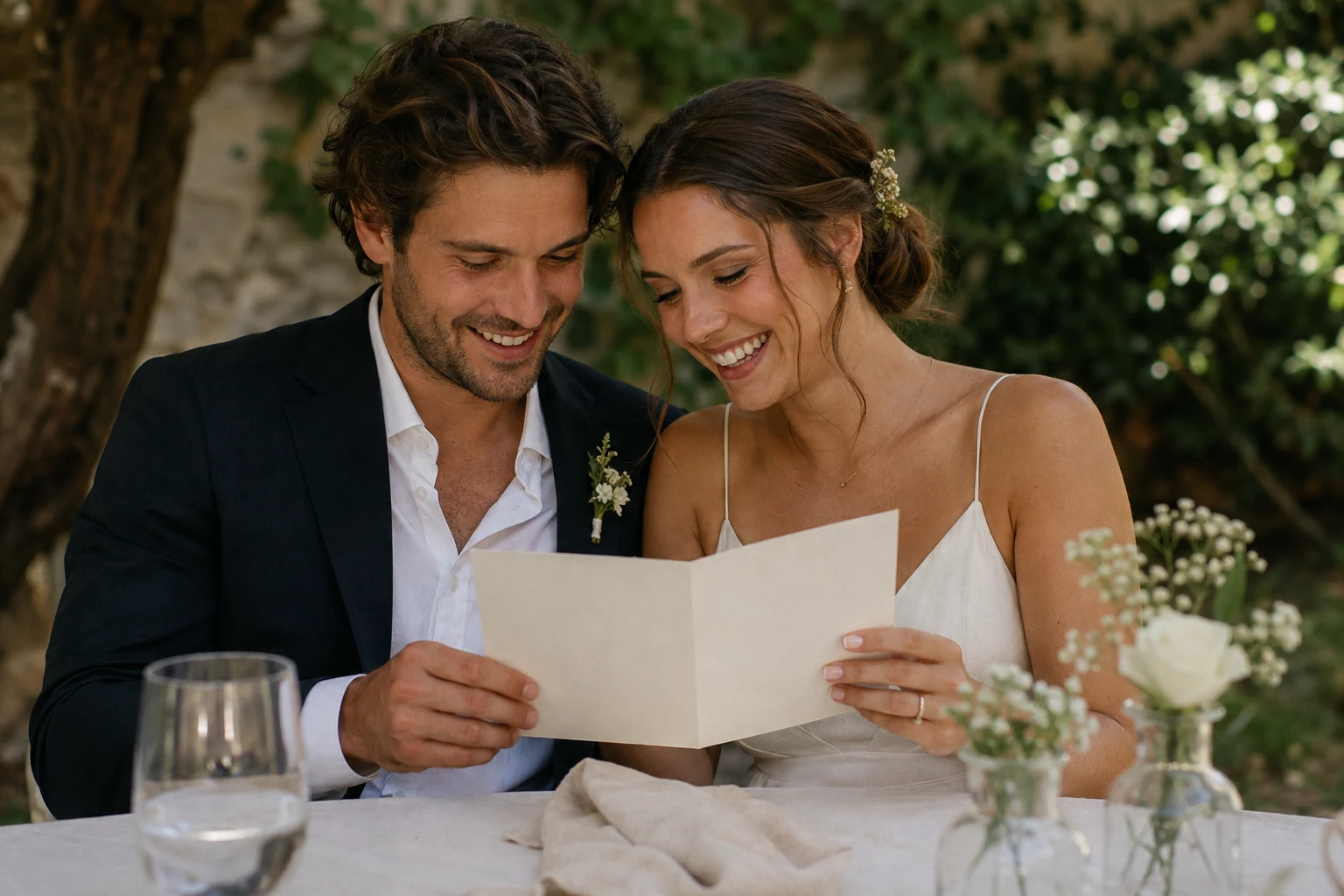 Zwei Menschen in Hochzeitskleidung lesen gemeinsam eine Karte