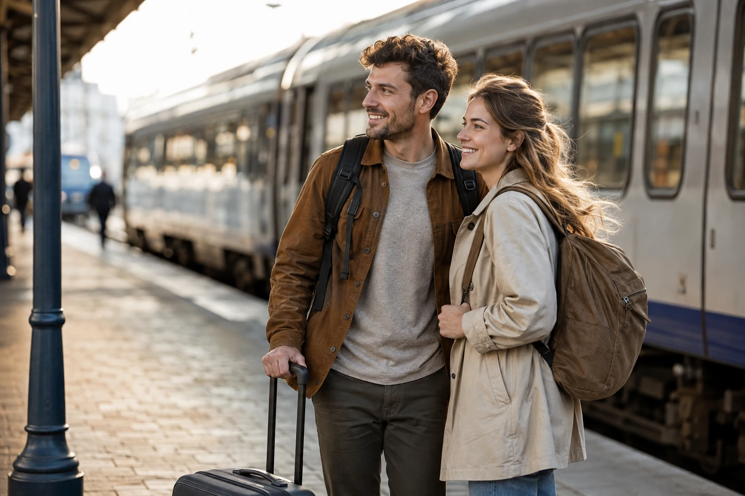 Zwei Menschen mit Reisegepäck neben einem Zug auf dem Bahnsteig