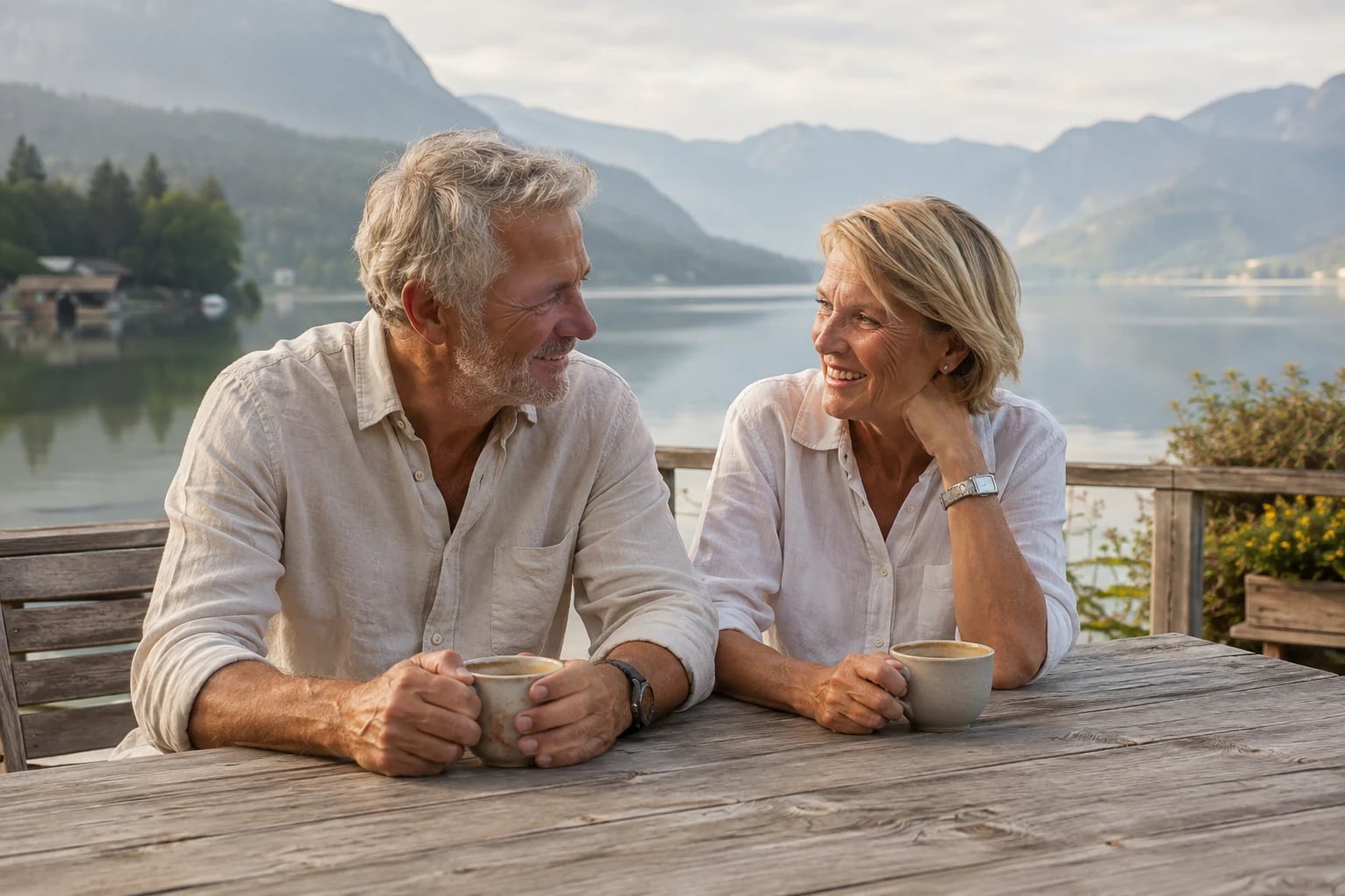 Zwei Menschen trinken Kaffee an einem Tisch vor einem Bergsee